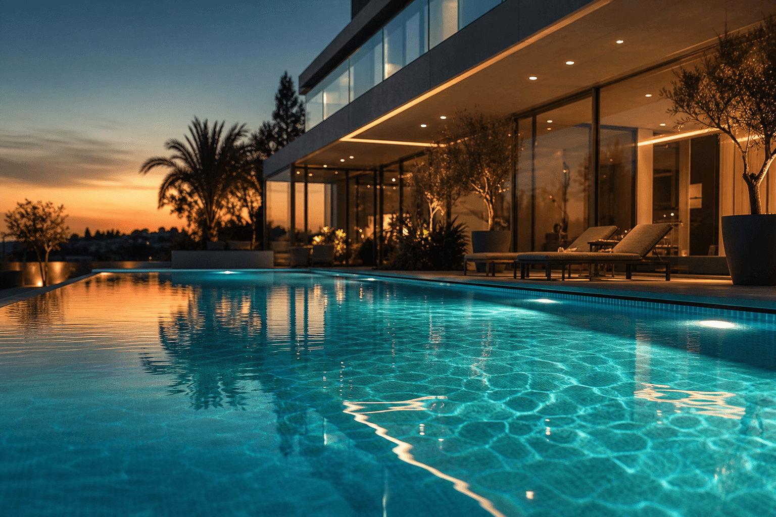 Premium pool facility at dusk